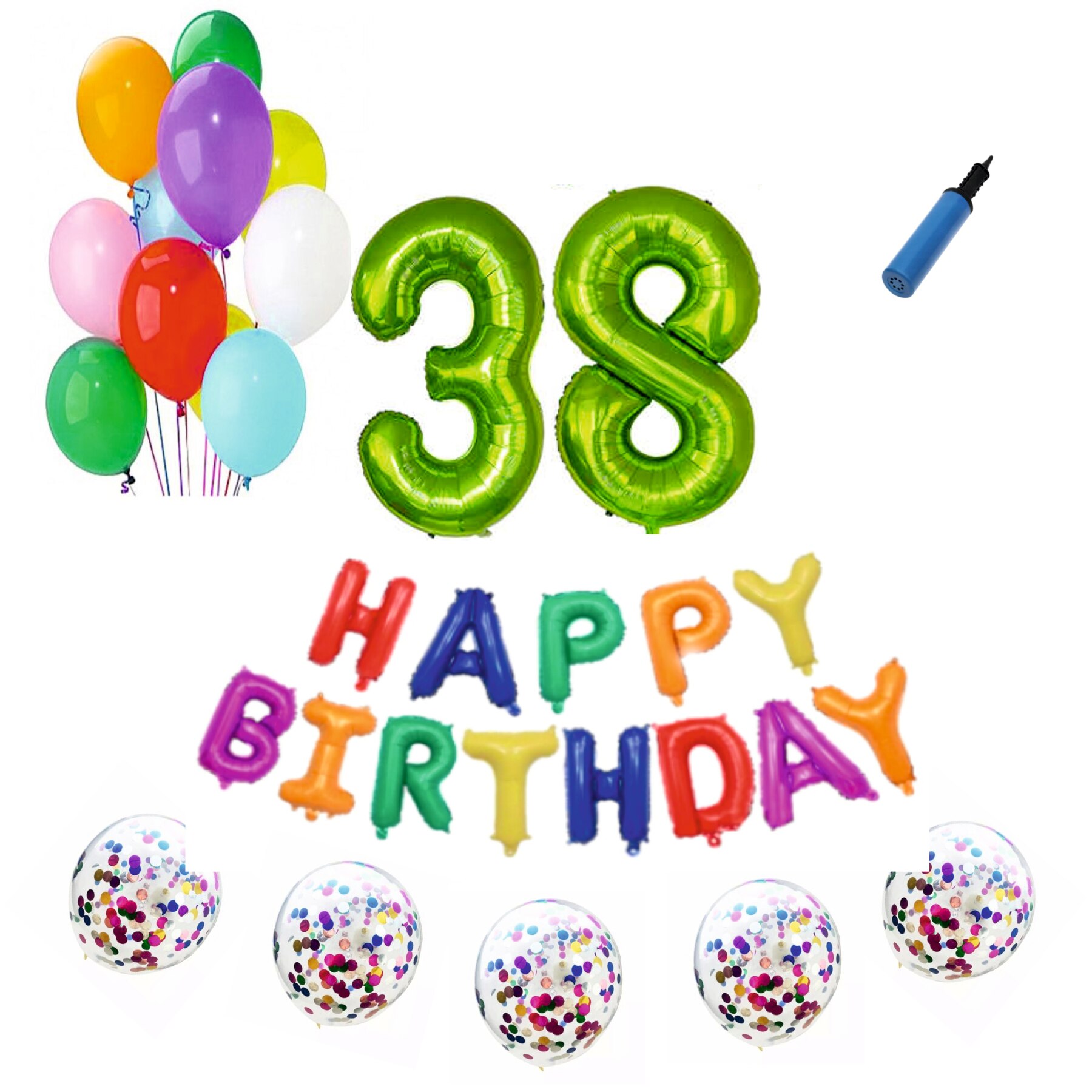 Set baloane Happy Birthday Multicolor , pentru 38 ani, cifra 1 metru verde