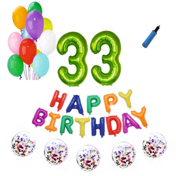 Set baloane Happy Birthday Multicolor , pentru 33 ani, cifra 1 metru verde Set baloane Happy Birthday Multicolor , pentru 33 ani, cifra 1 metru verde
