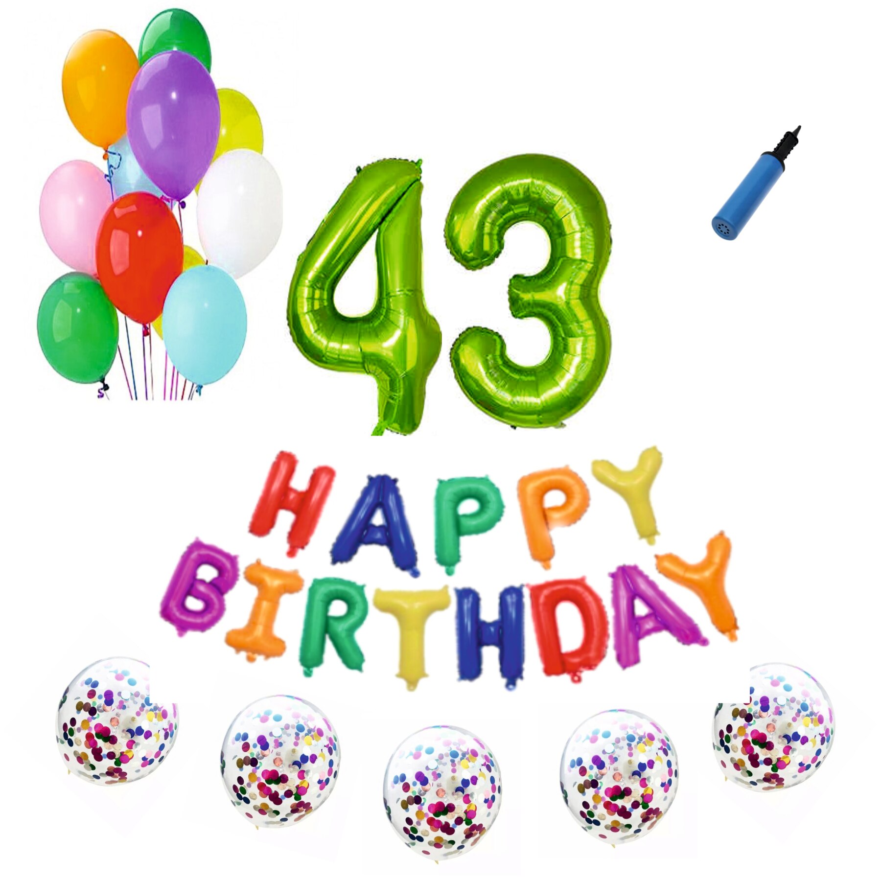 Set baloane Happy Birthday Multicolor , pentru 43 ani, cifra 1 metru verde