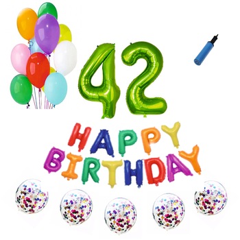 Set baloane Happy Birthday Multicolor , pentru 42 ani, cifra 1 metru verde Set baloane Happy Birthday Multicolor , pentru 42 ani, cifra 1 metru verde