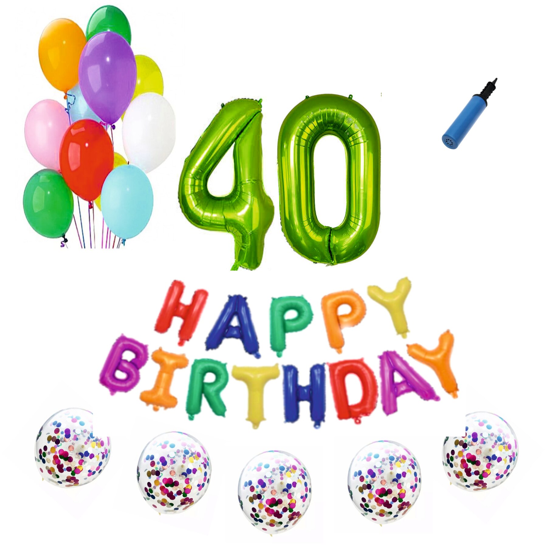 Set baloane Happy Birthday Multicolor , pentru 40 ani, cifra 1 metru verde