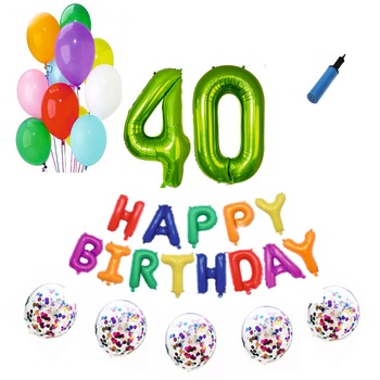 Set baloane Happy Birthday Multicolor , pentru 40 ani, cifra 1 metru verde Set baloane Happy Birthday Multicolor , pentru 40 ani, cifra 1 metru verde