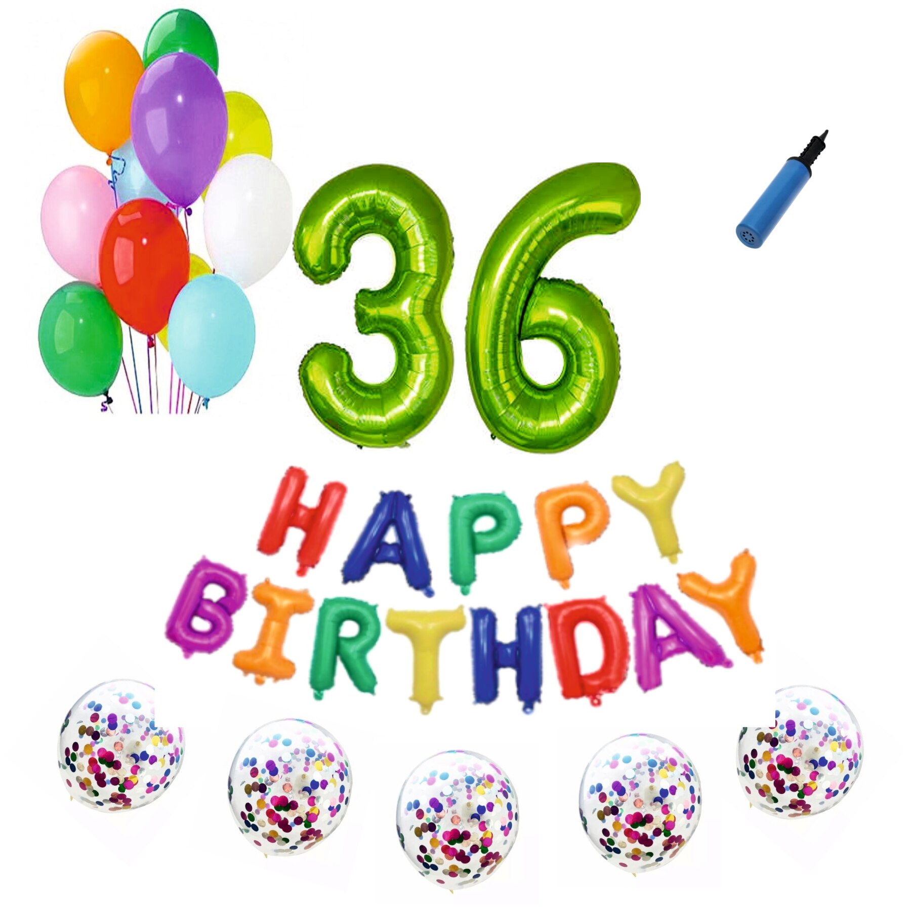 Set baloane Happy Birthday Multicolor , pentru 36 ani, cifra 1 metru verde
