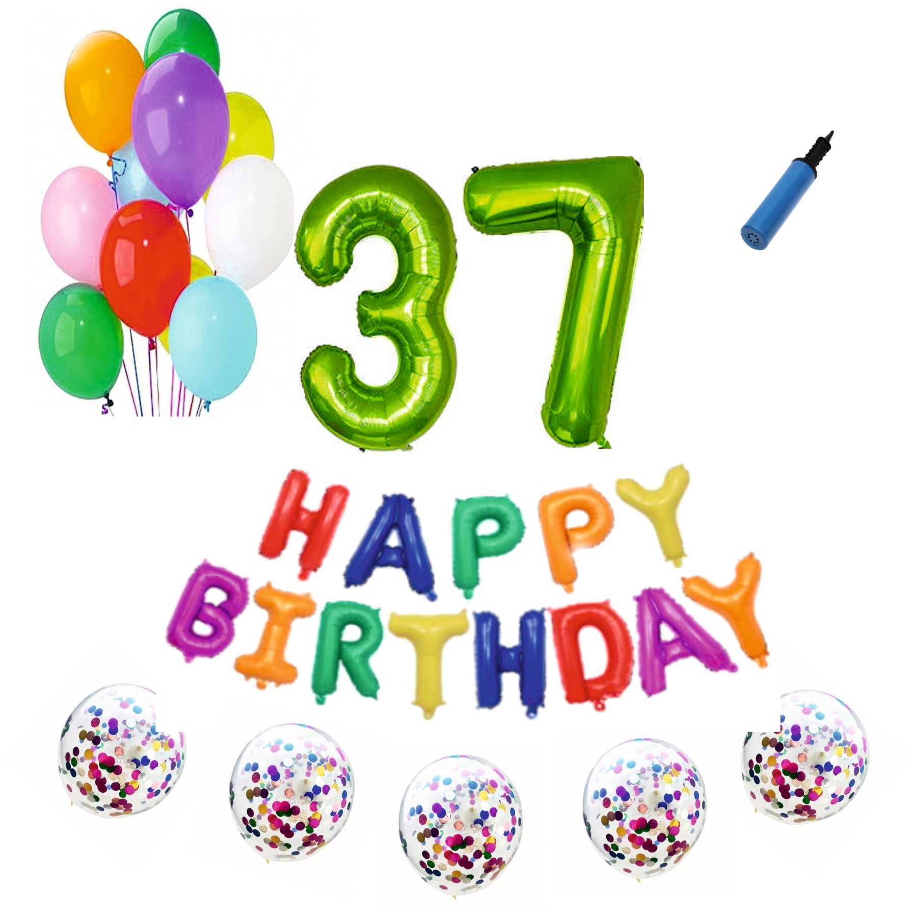 Set baloane Happy Birthday Multicolor , pentru 37 ani, cifra 1 metru verde