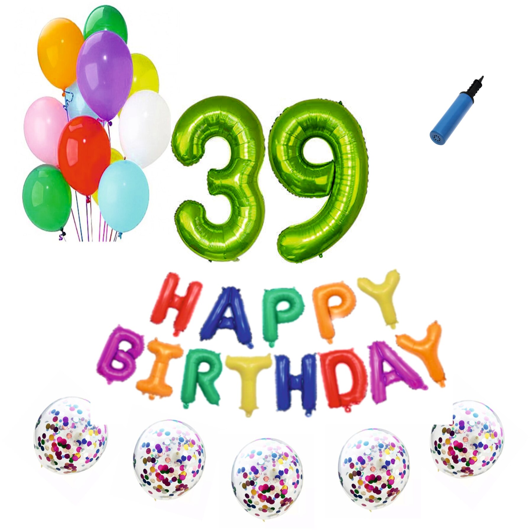 Set baloane Happy Birthday Multicolor , pentru 39 ani, cifra 1 metru verde