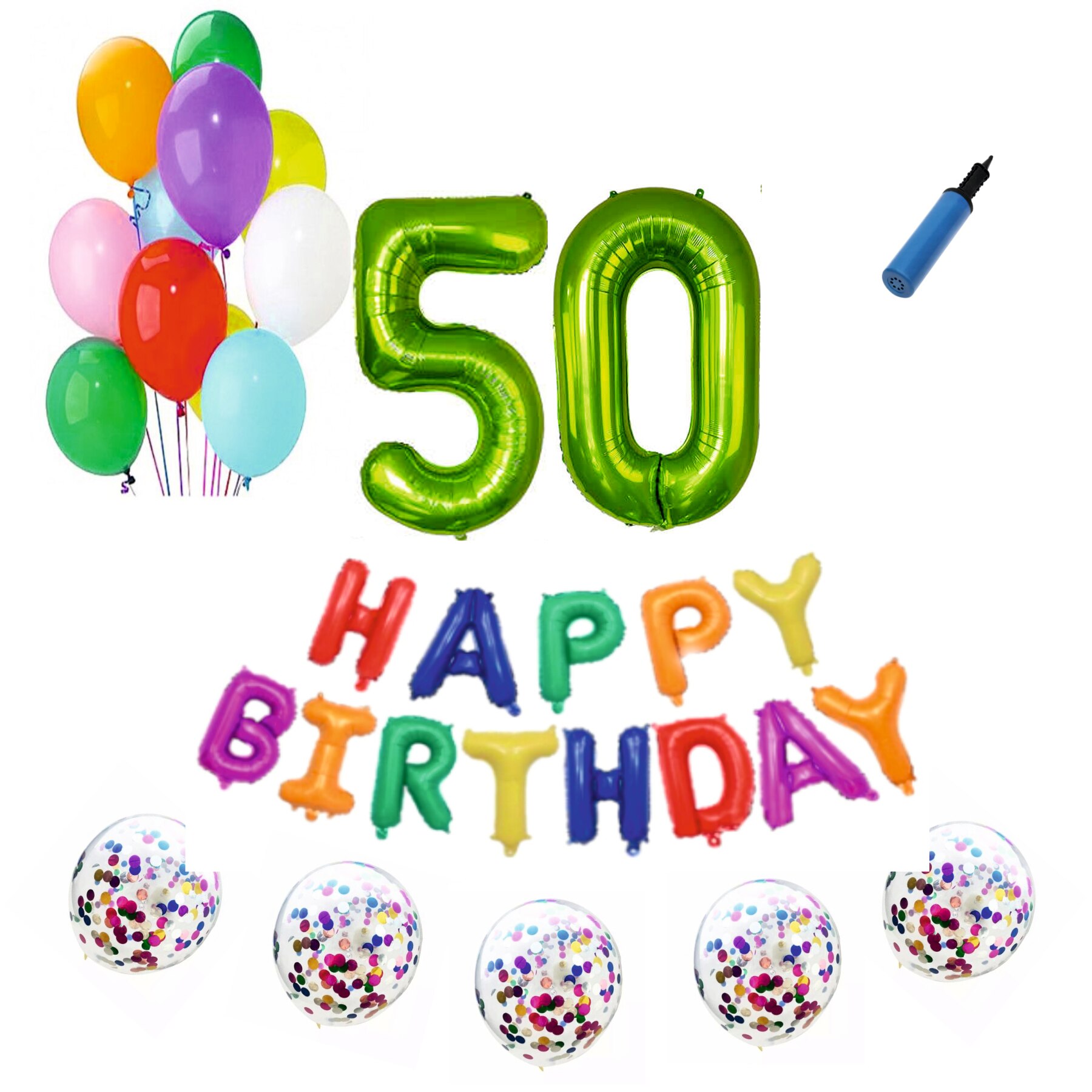 Set baloane Happy Birthday Multicolor , pentru 50 ani, cifra 1 metru verde