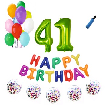 Set baloane Happy Birthday Multicolor , pentru 41 ani, cifra 1 metru verde Set baloane Happy Birthday Multicolor , pentru 41 ani, cifra 1 metru verde
