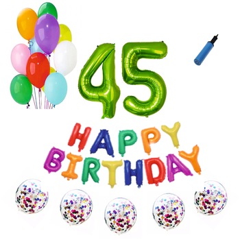 Set baloane Happy Birthday Multicolor , pentru 45 ani, cifra 1 metru verde Set baloane Happy Birthday Multicolor , pentru 45 ani, cifra 1 metru verde