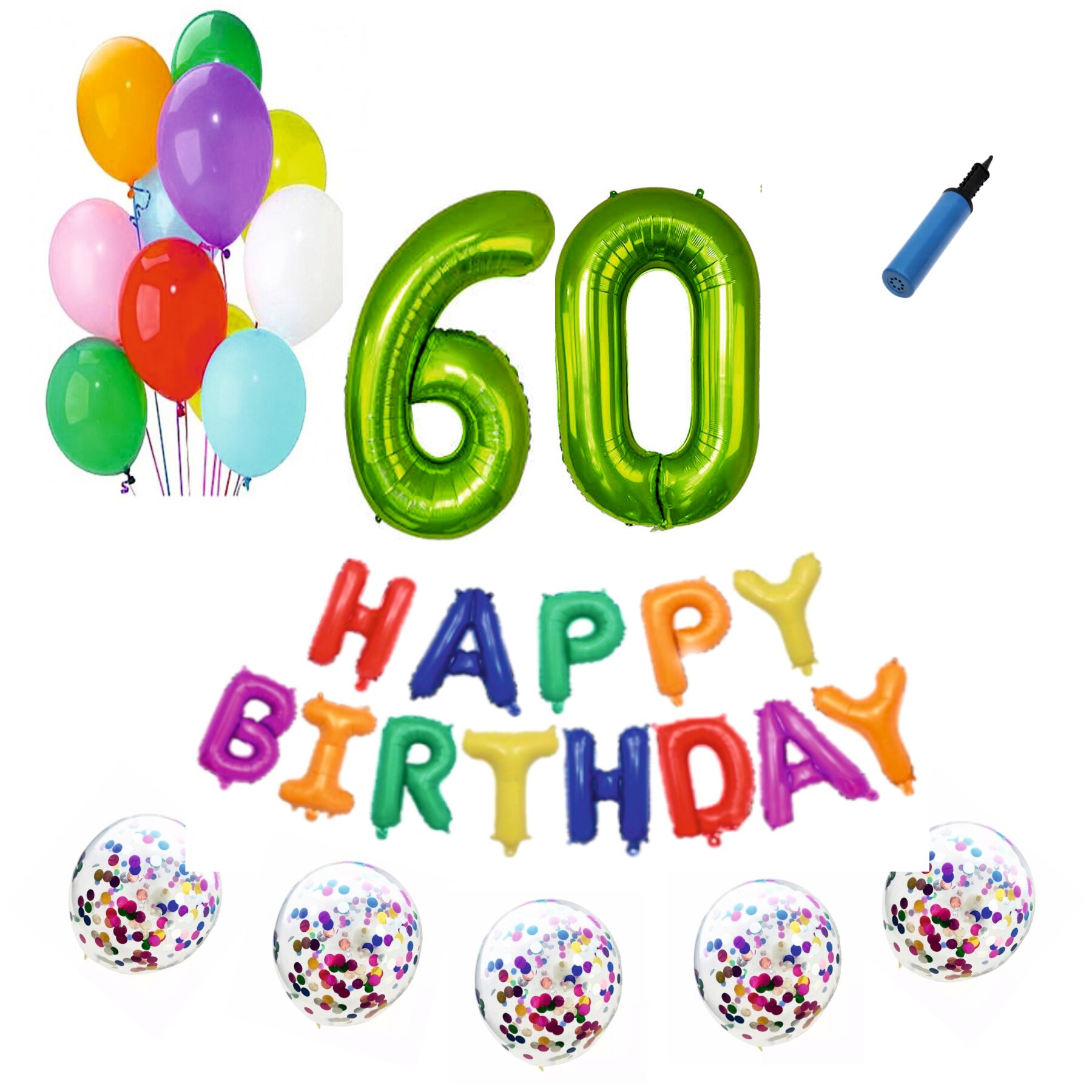 Set baloane Happy Birthday Multicolor , pentru 60 ani, cifra 1 metru verde