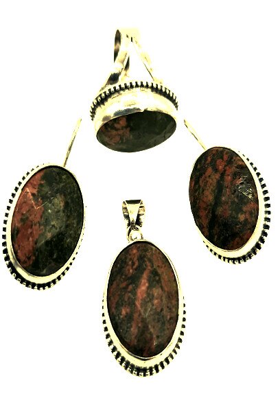 Set cercei, pandativ si inel Argint 925 cu pietre de Unakit maron roscat si verde, inel reglabil