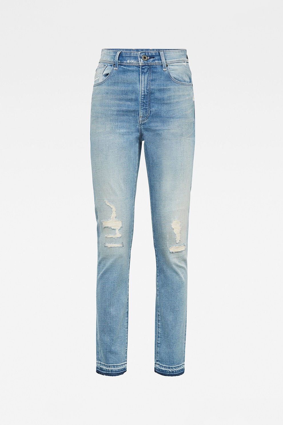 G-Star RAW, Blugi skinny cu talie inalta cu detalii cu aspect deteriorat, Albastru pastel/Albastru inchis/Alb prafuit