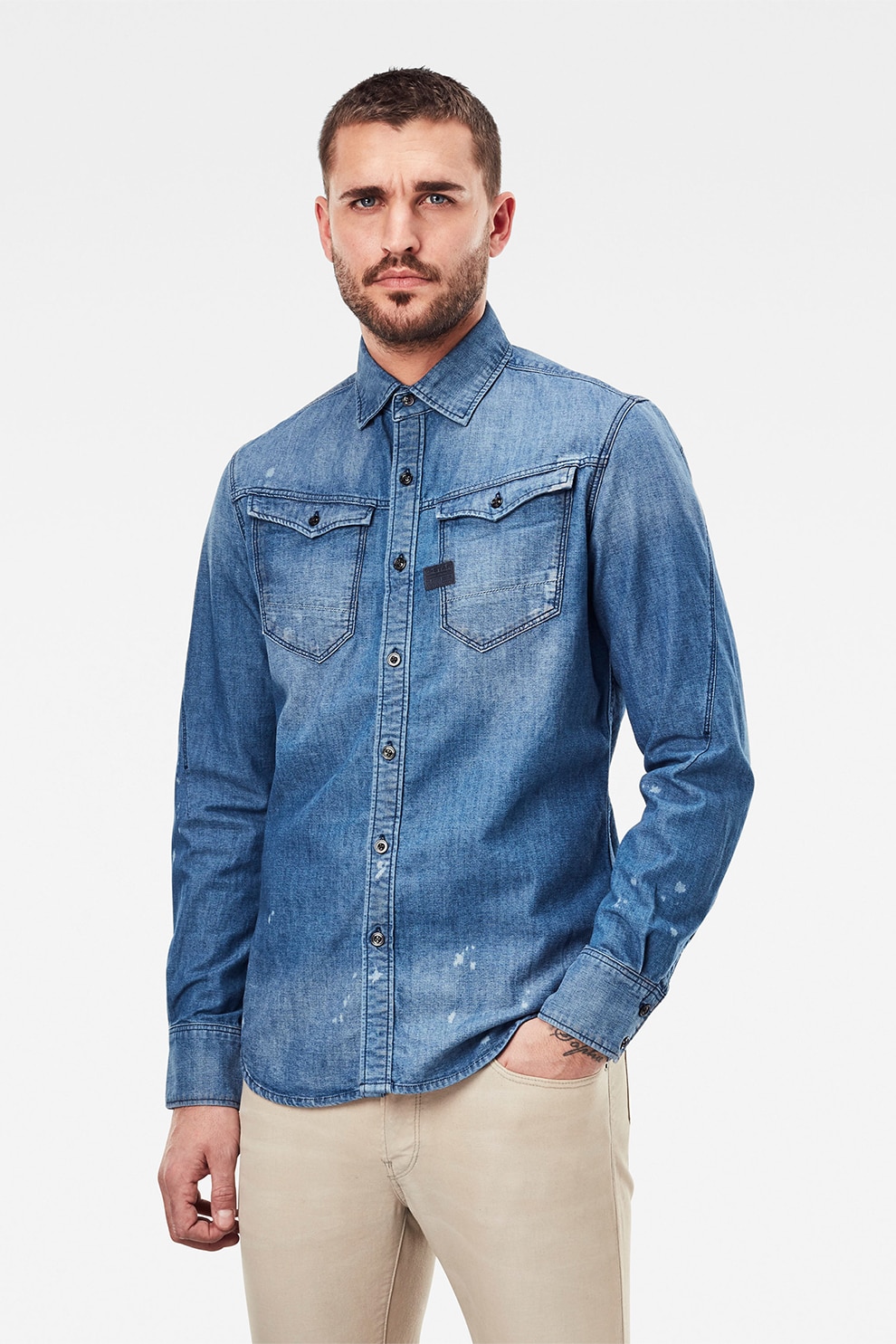 G-Star RAW, Camasa din bumbac organic cu aspect decolorat, Albastru inchis/Albastru pal, S