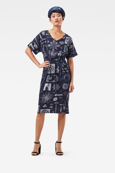 G-Star RAW, Rochie midi din bumbac organic cu imprimeu, Albastru inchis/Alb prafuit G-Star RAW, Rochie midi din bumbac organic cu imprimeu, Albastru inchis/Alb prafuit