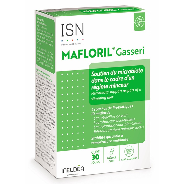 Supliment alimentar Mafloril Gasseri, 4 tulpini probiotice, 10 Miliarde per capsula, echilibru flora digestiva, cutie 30 capsule