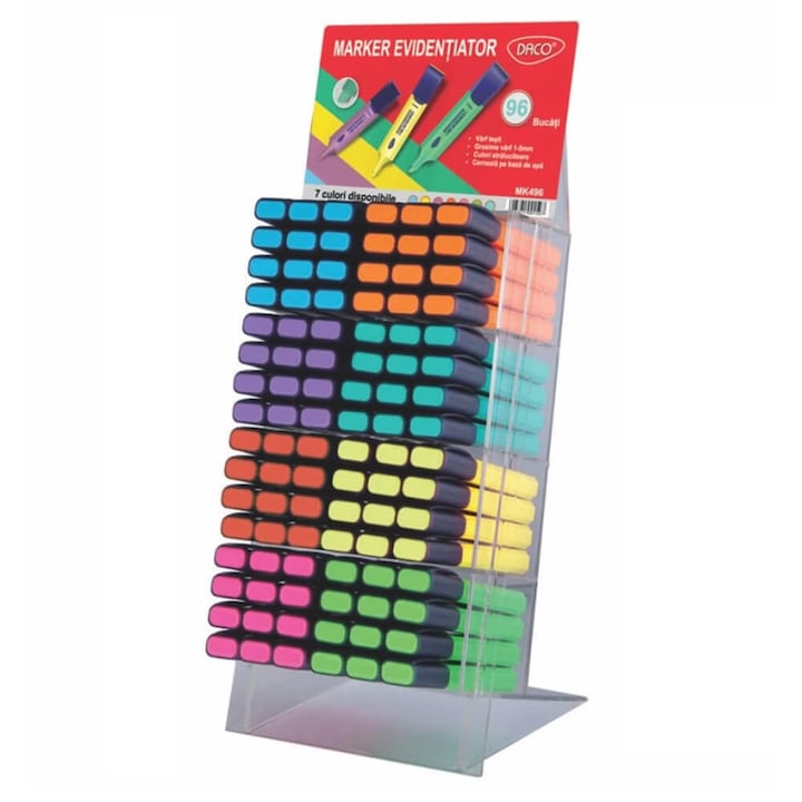 Set 96 Markere Evidentiator Daco pe Display, Diverse Culori, Varf Tesit 2.5 mm