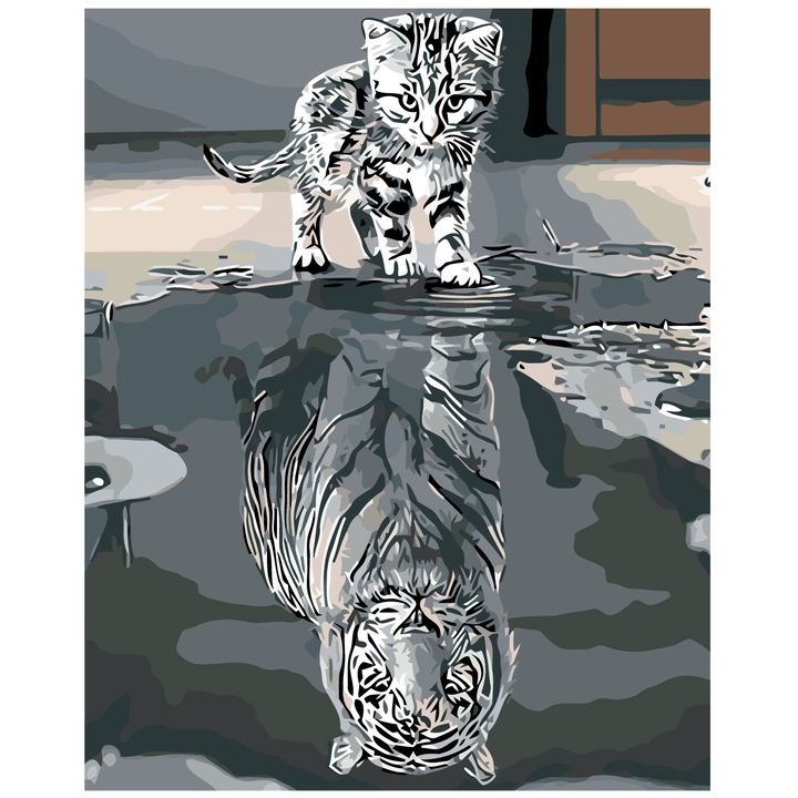 Set pictura pe numere Tigru, panza bumbac pe rama lemn, 40x50 cm, tablou cu schita, 3 pensule si vopsea acrilica