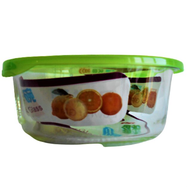 Cutie Alimentara , Rotunda pentru depozitare alimente, capac plastic, Sticla Termorezista / Transparenta , Capac Verde Ermetic ,250 ml