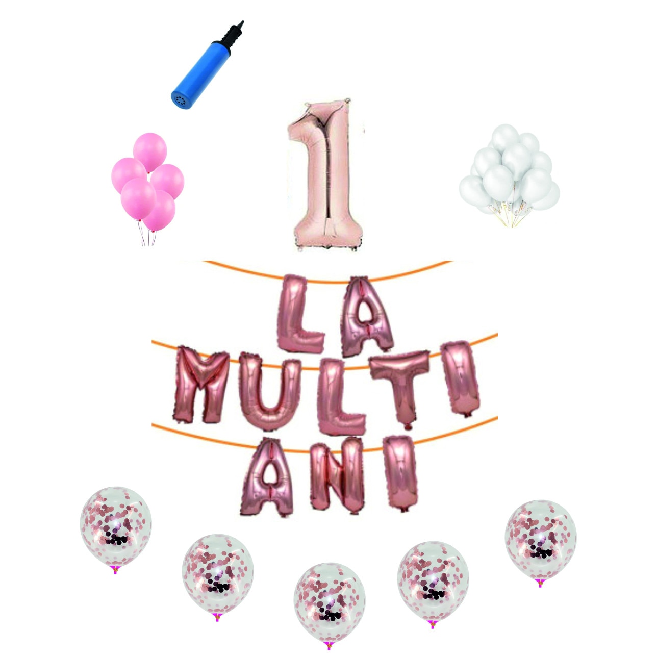 Set baloane La Multi Ani , pentru 1 an, cifra 1 metru,Roz gold