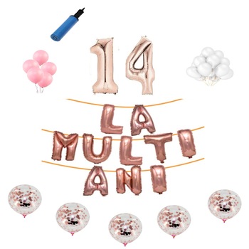Set baloane La Multi Ani , pentru 14 ani, cifra 1 metru, Roz gold Set baloane La Multi Ani , pentru 14 ani, cifra 1 metru, Roz gold