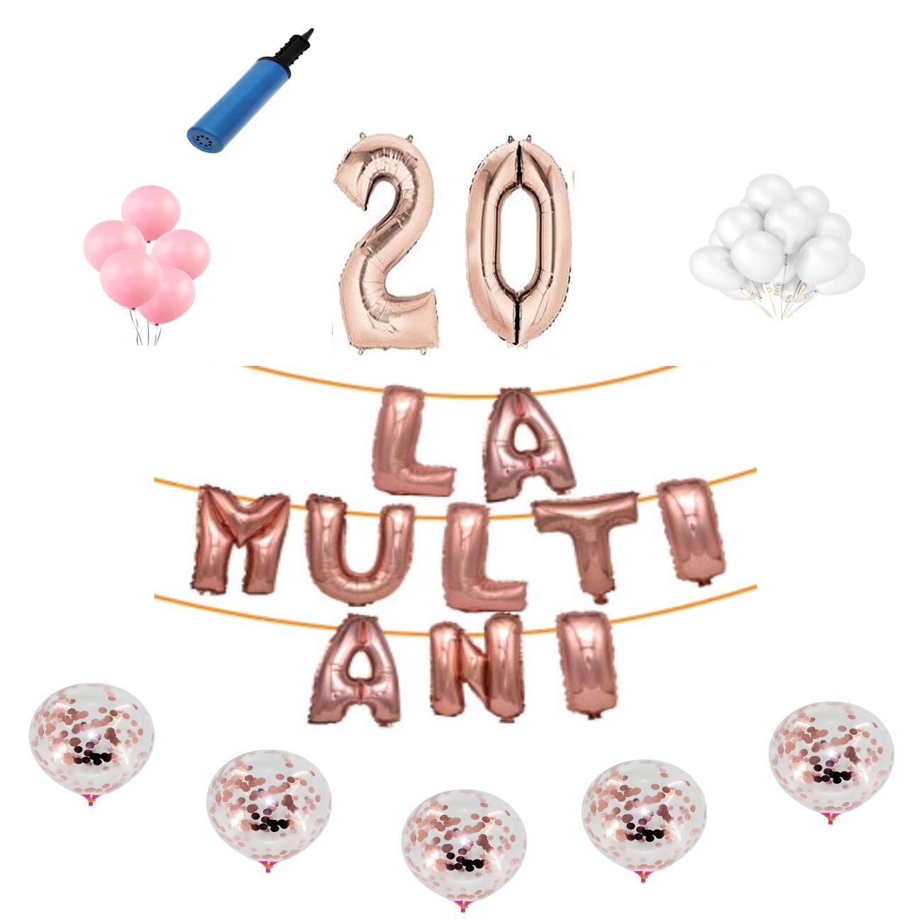 Set baloane La Multi Ani , pentru 20 ani , cifra 1 metru, Roz gold