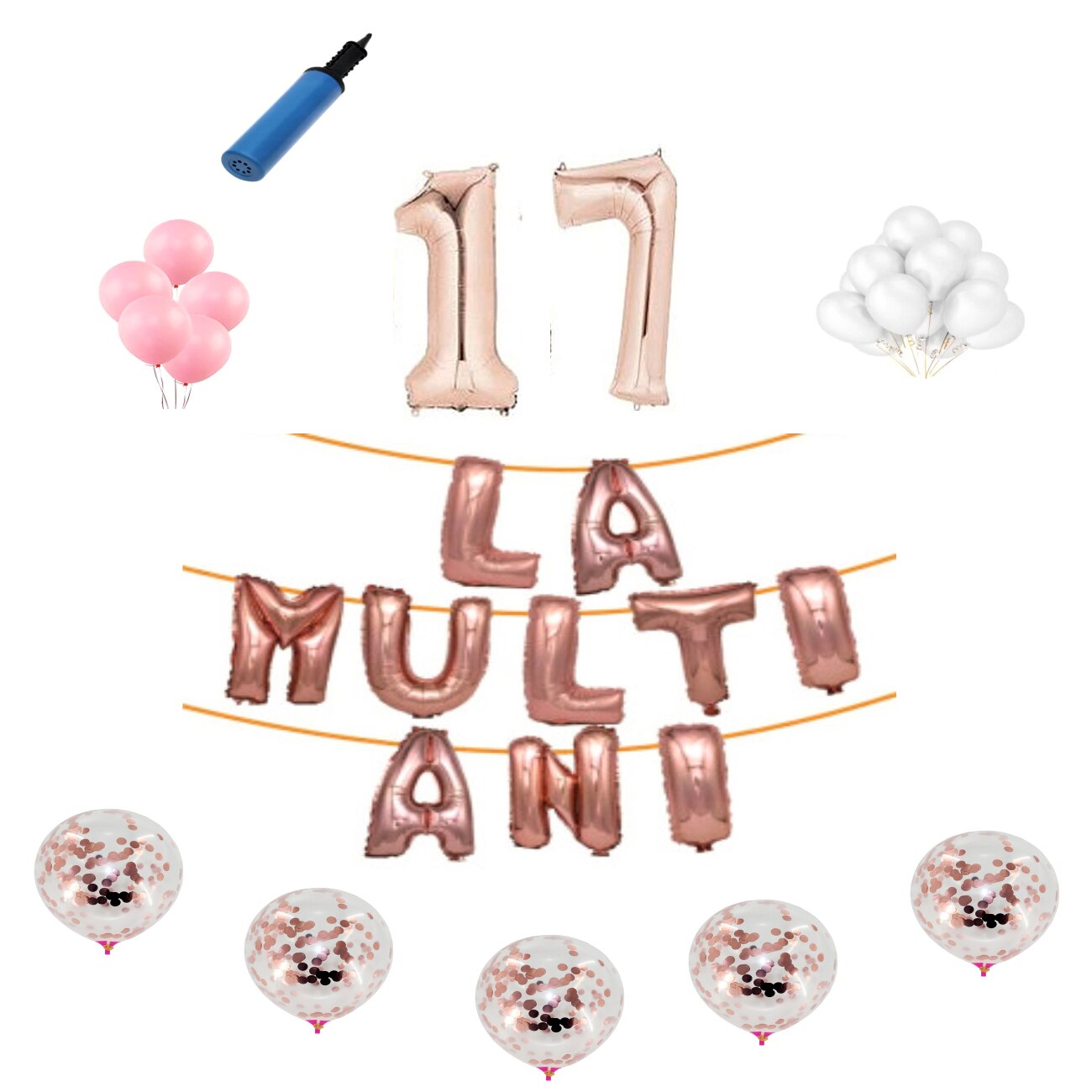 Set baloane La Multi Ani , pentru 17 ani, cifra 1 metru, Roz gold