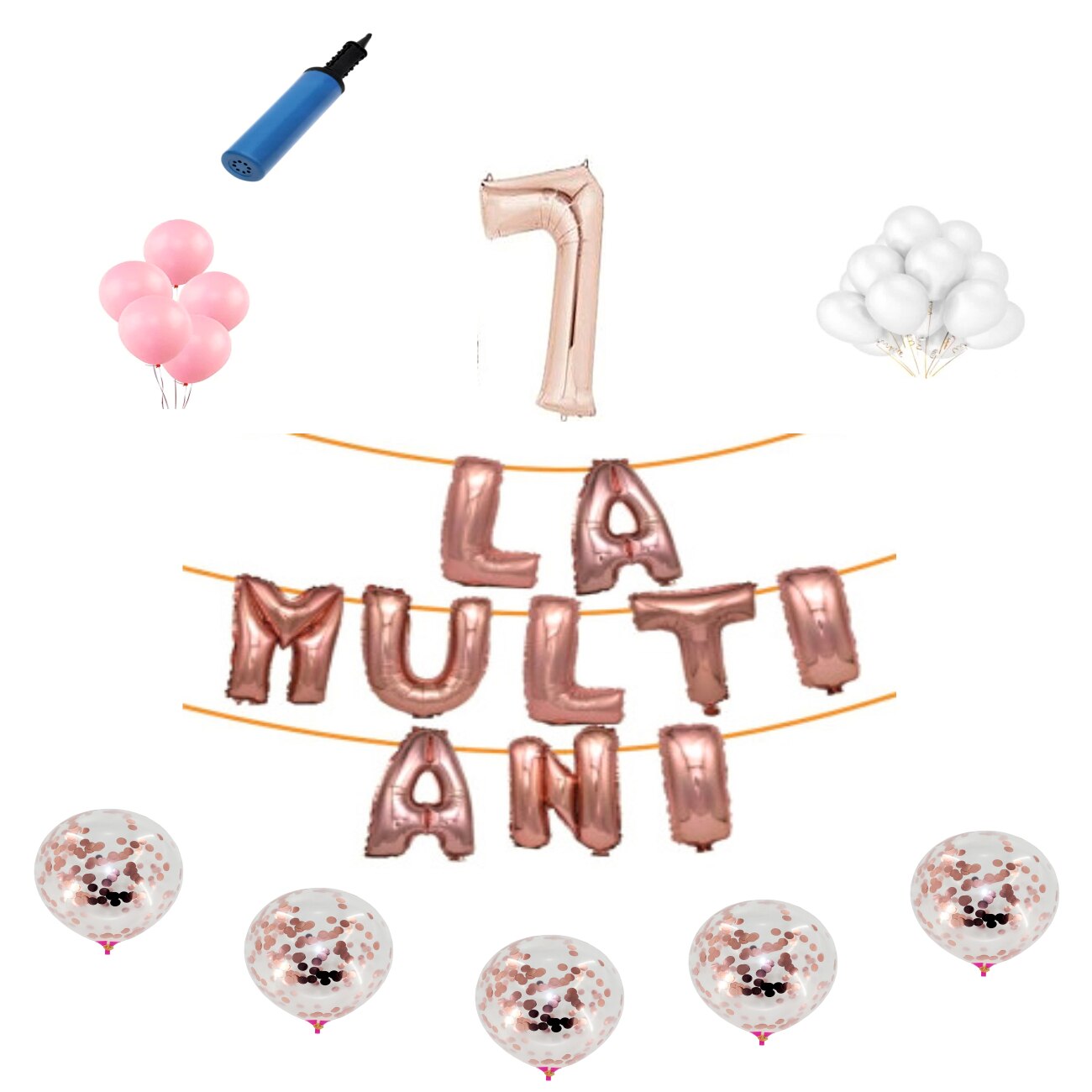 Set baloane La Multi Ani , pentru 7 ani, cifra 1 metru, Roz gold
