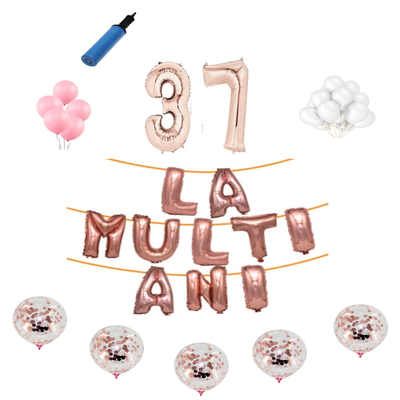 Set baloane La Multi Ani , pentru 37 ani , cifra 1 metru, Roz gold