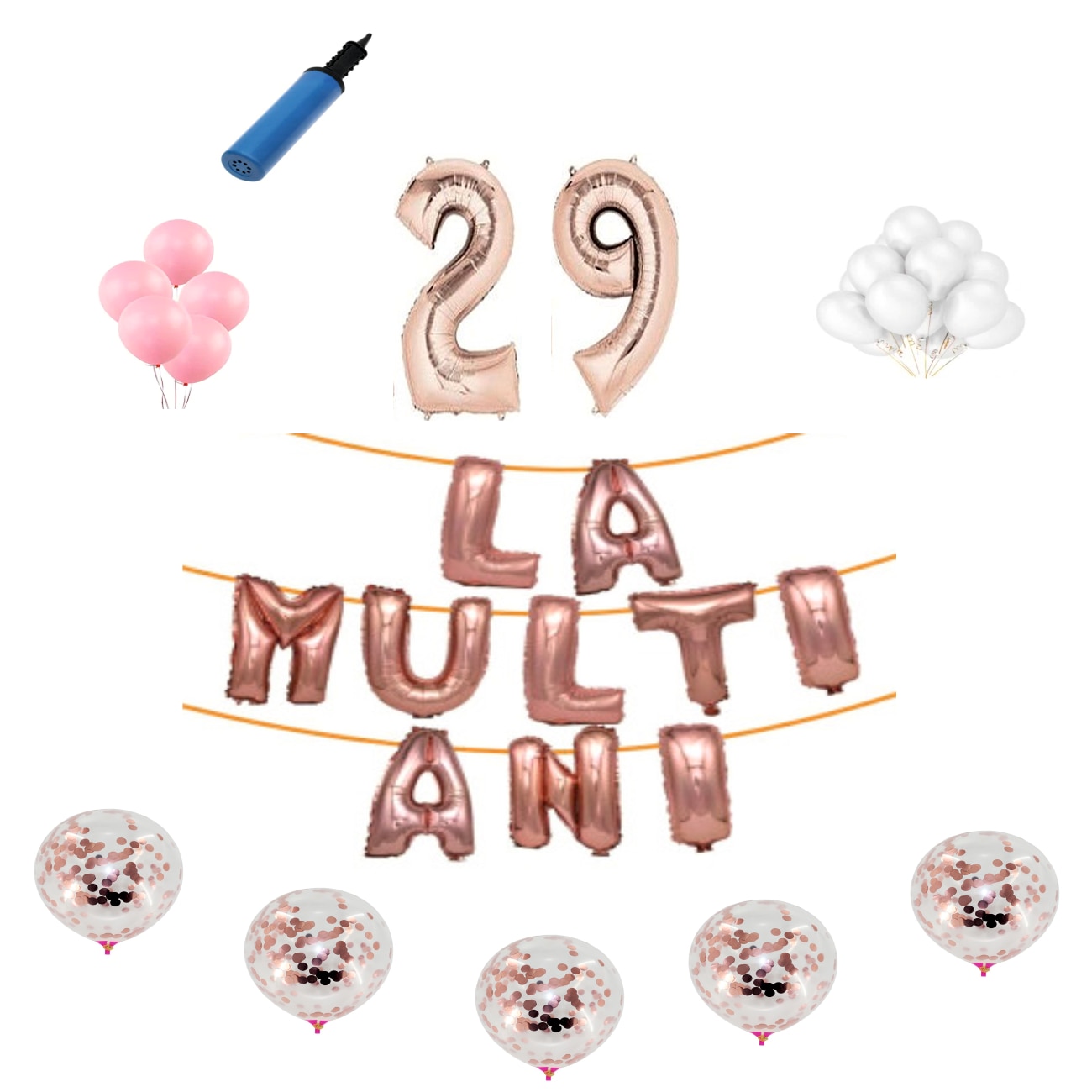 Set baloane La Multi Ani , pentru 29 ani , cifra 1 metru, Roz gold
