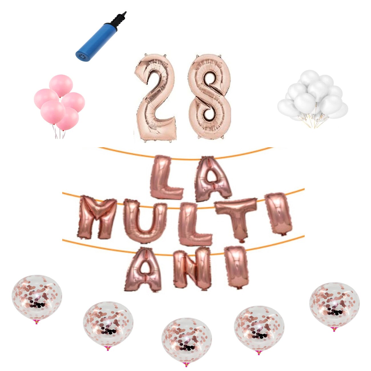 Set baloane La Multi Ani , pentru 28 ani , cifra 1 metru, Roz gold