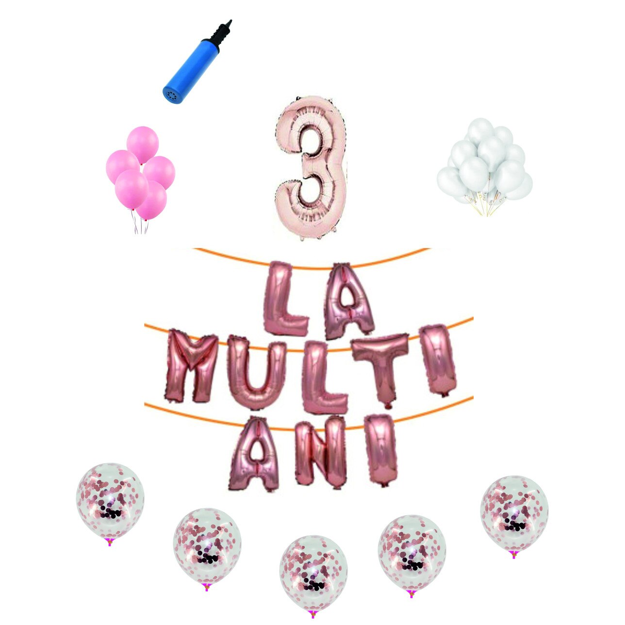 Set baloane La Multi Ani , pentru 3 ani, cifra 1 metru, Roz gold