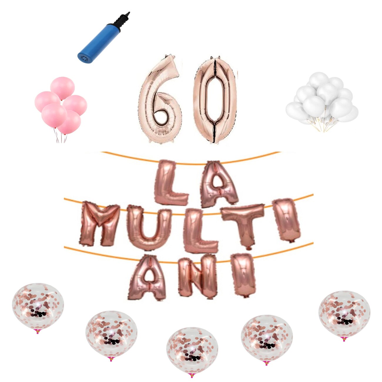 Set baloane La Multi Ani , pentru 60 ani , cifra 1 metru, Roz gold