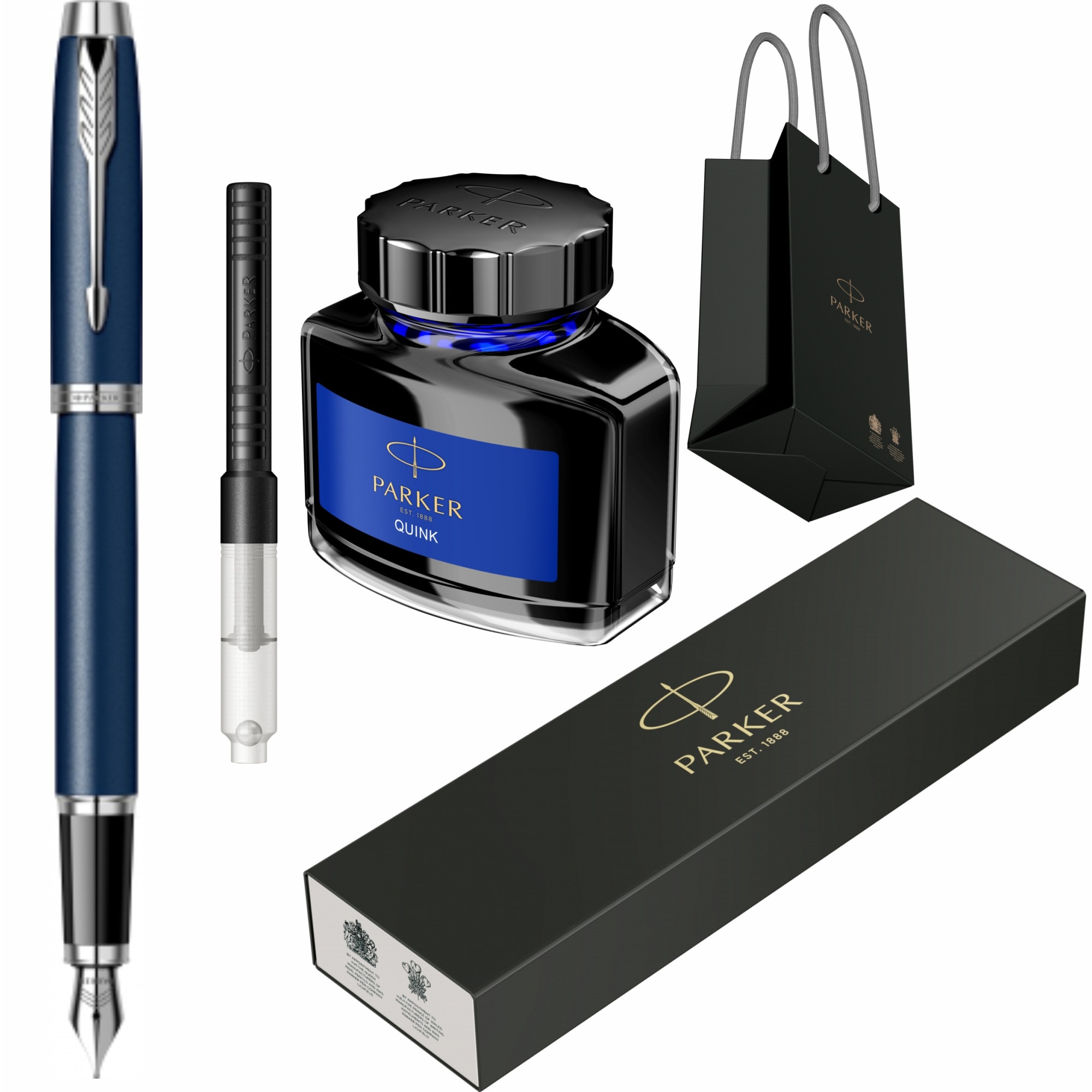 Stilou Parker IM Royal Matte Blue CT Personalizat prin Gravura Laser, cu convertor standard Parker, calimara cerneala Parker si Punga Parker