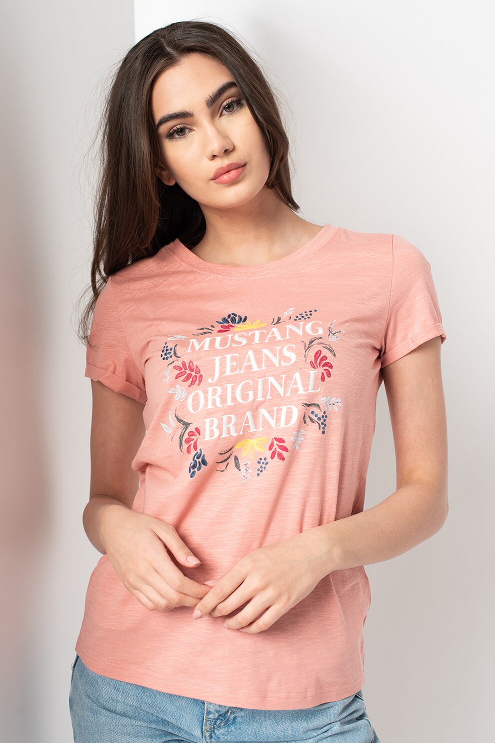 Mustang, Tricou cu imprimeu text Alexia, Roz, XS