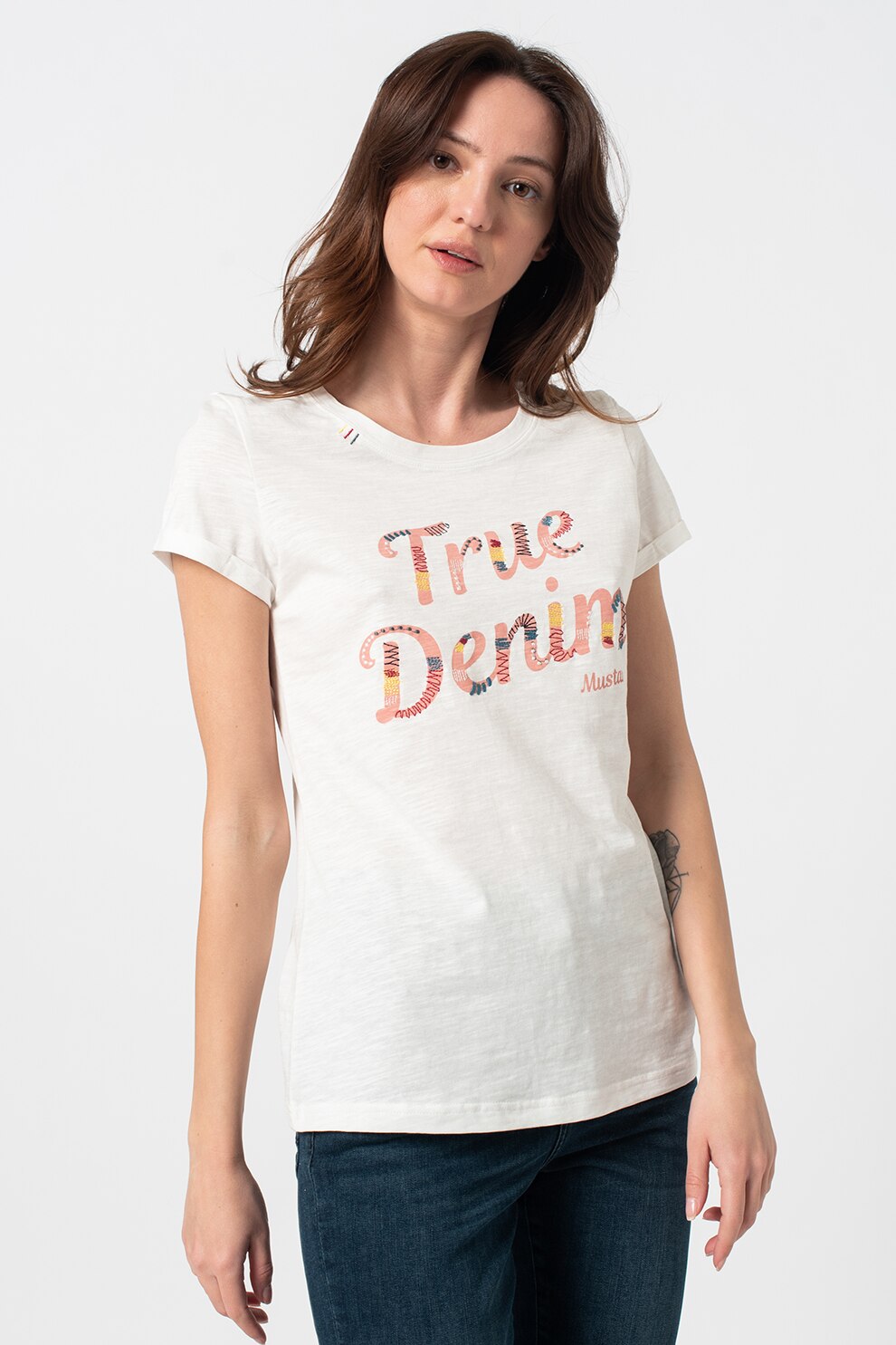 Mustang, Tricou cu imprimeu text Alexia, Alb/Roz/Galben