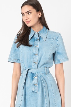 Mustang, Rochie tip camasa din denim cu fenta lunga cu nasturi Fara, Albastru deschis, 34 Mustang, Rochie tip camasa din denim cu fenta lunga cu nasturi Fara, Albastru deschis, 34