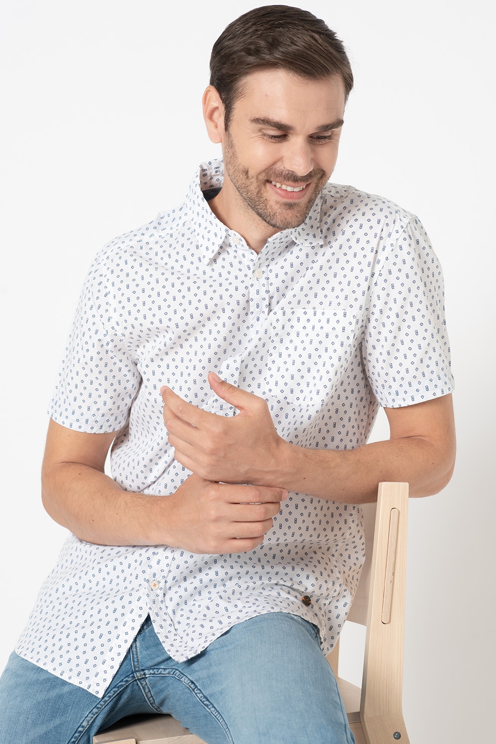 Mustang, Camasa cu maneci scurte si buzunar pe piept Collin, Alb optic/Bleumarin