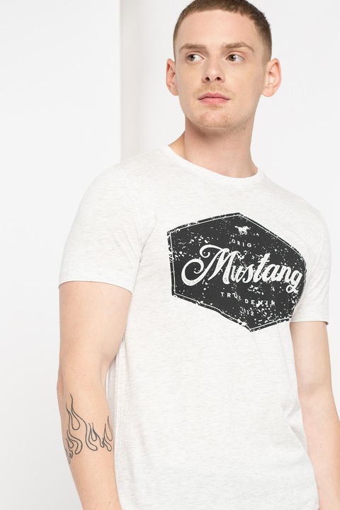 Mustang, Aaron kerek nyakú logós póló, Melange világosszürke, 2XL