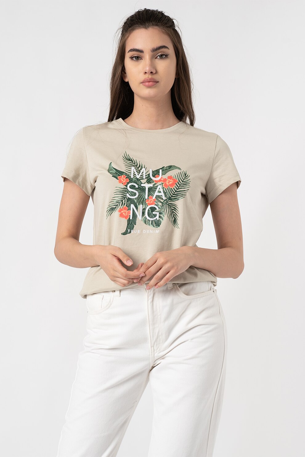 Mustang, Tricou cu decolteu rotund si imprimeu logo, Maro nisip/verde/alb