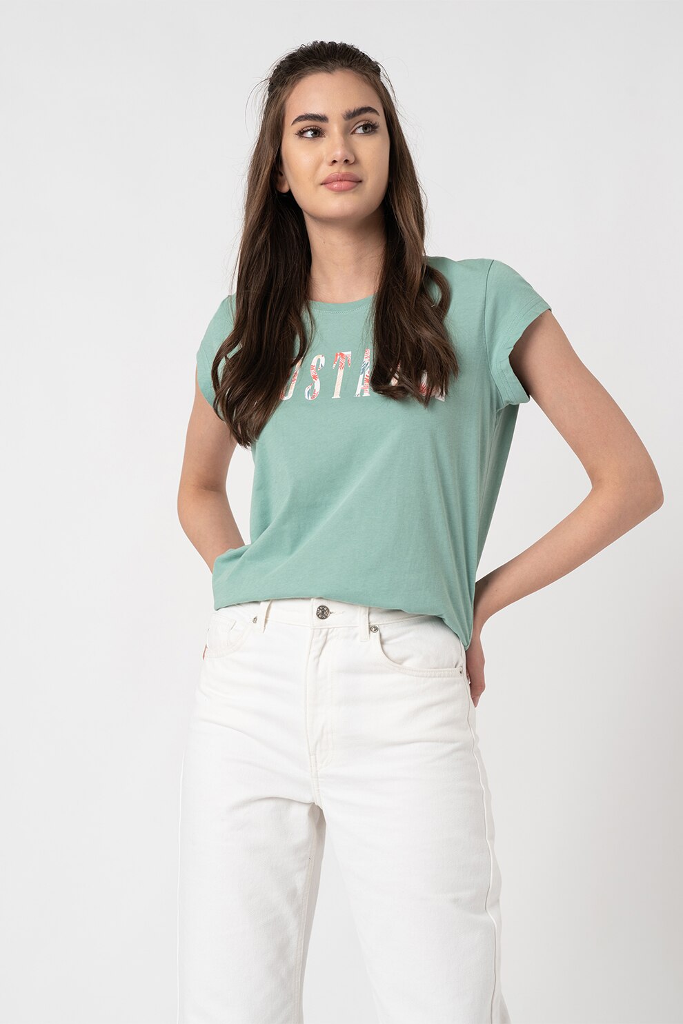 Mustang, Tricou cu decolteu rotund si imprimeu logo, Verde menta/Alb/Roz