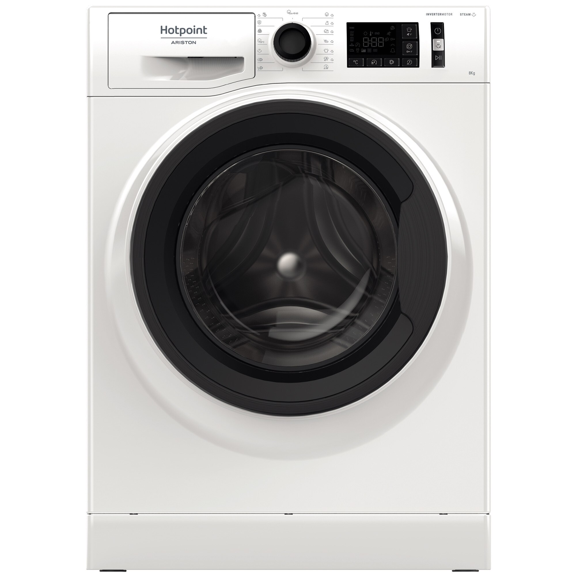 Masina de spalat rufe Hotpoint NM11823WKEUN, 8 kg, 1200 RPM, Clasa D, Steam Refresh, Steam Hygiene, Motor Inverter, Display Digital, Alb