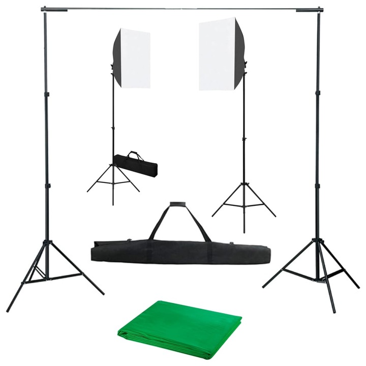 Kit de studio lumini softbox si fundal, vidaXL, Aluminiu, 500 x 300 cm, Negru/Fundal verde