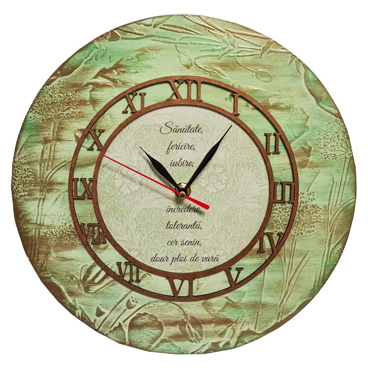Ceas din lemn, diametrul 30 de cm, personalizabil cu mesaj, verde, aspect vintage, Mixartstudiobym