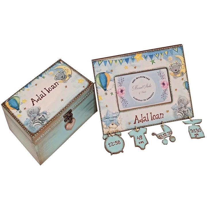 Set personalizabil din lemn, format din cufar 20/15/7 cm, si rama foto cu interior 15/10 cm, cu datele de la nastere, tema ursuleti si baloane, Mixartstudiobym