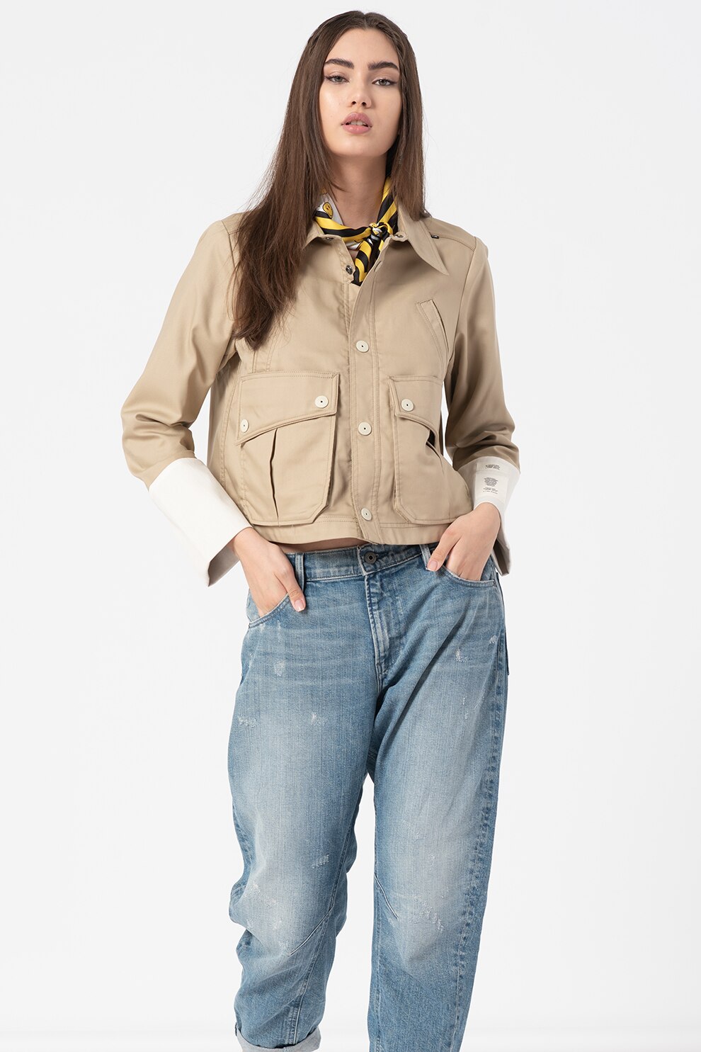 G-Star RAW, Jacheta crop cu detalii contrastante, Maro camel/Alb prafuit
