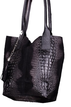 Geanta dama, Vera Pelle, cu model piele crocodil, piele naturala, negru, 35 x 44 x 16 cm Geanta dama, Vera Pelle, cu model piele crocodil, piele naturala, negru, 35 x 44 x 16 cm