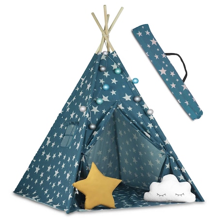 Cort de joaca in stil Montessori, "Likesmart Nori Pufosi 101" pentru copii, Ghirlanda cu Lumini, 2 Perne, Husa Transport, 120x120x165 cm, Albastru