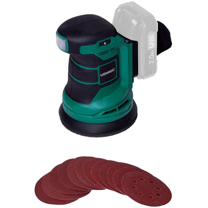 Slefuitor orbital VONROC OS503DC, compatibil cu acumulatori 20V, turatie max. 10.000/min, prindere scai, cutie colectare praf cu filtru, 12x foi hartie de slefuit, Verde/Negru, fara baterie si incarcator