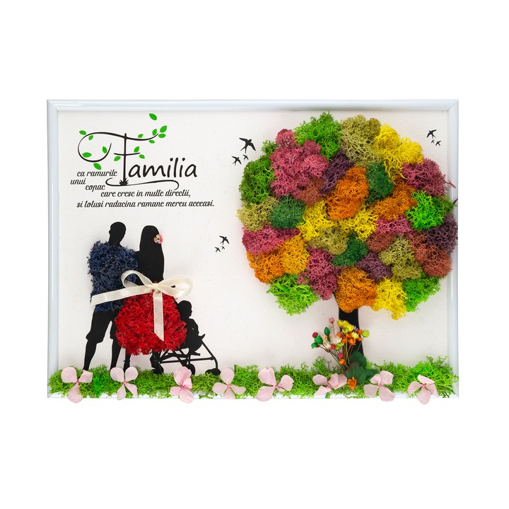 Tablou Family cu Licheni si Flori Uscate YoobirimBox Handmade, 21 x 30 cm