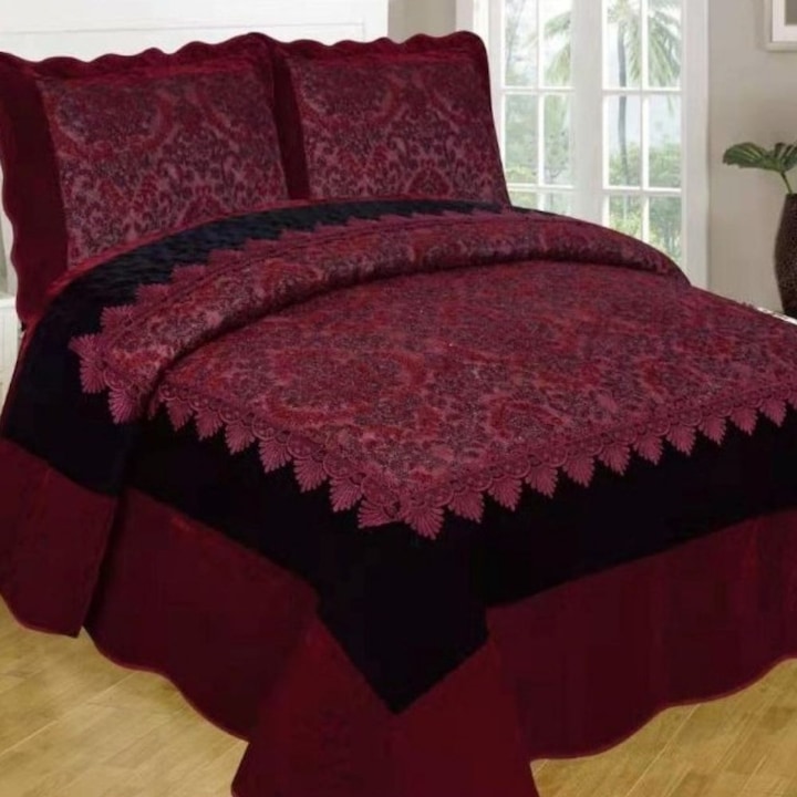 Set cuvertura de pat cu 2 fete de perna, 3 piese, din catifea, imprimata, matlasata, rosu/visiniu, CCC-68, 230x250 cm