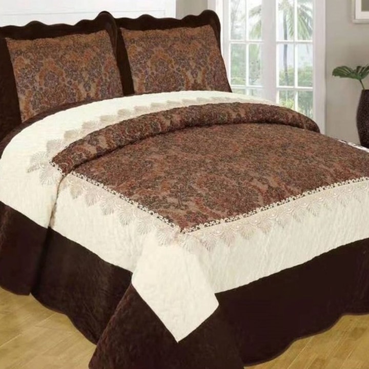 Set cuvertura de pat cu 2 fete de perna, 3 piese, din catifea, imprimata, matlasata, maro/alb, CCC-72, 230x250 cm